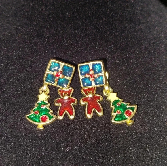 Christmas Present Earrings with Bear and Tree Charms Gold Tone - Picture 1 of 5